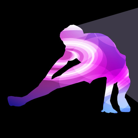 Man athletic stretching exercise warm up silhouette vector background colorful concept made of transparent curved shapesのイラスト素材