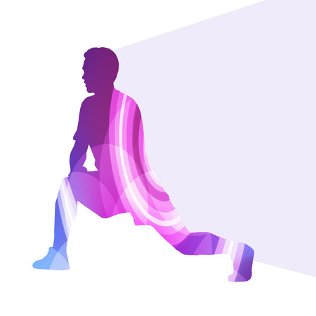 Man athletic stretching exercise warm up silhouette vector background colorful concept made of transparent curved shapesのイラスト素材
