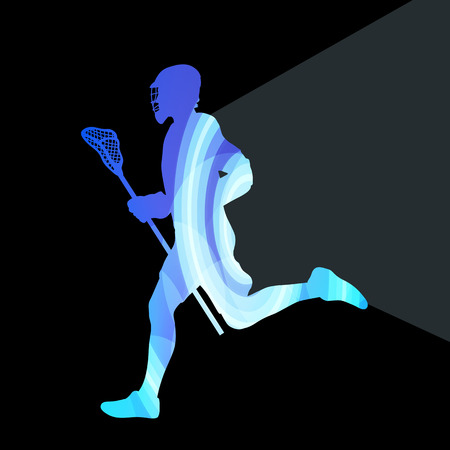 Lacrosse player in protective gear and in action man silhouette illustration vector background colorful concept made of transparent curved shapesのイラスト素材