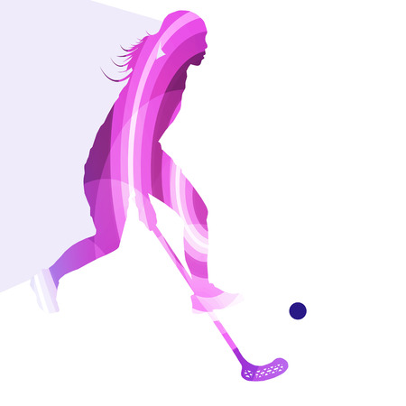 Floorball player woman silhouette hockey with stick and ball illustration vector background colorful concept made of transparent curved shapesのイラスト素材