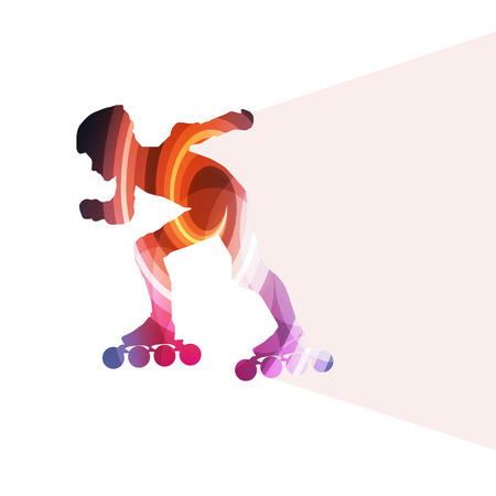 Man, teenage boy driving with inline skates, skating vector background colorful concept made of transparent curved shapesのイラスト素材