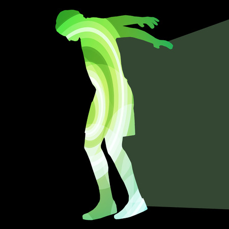 Man athletic stretching exercise warm up silhouette vector background colorful concept made of transparent curved shapesのイラスト素材