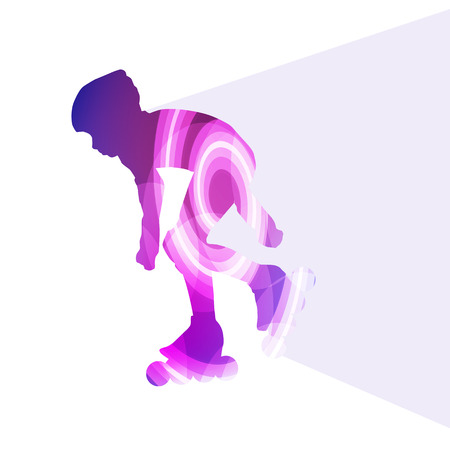 Man, teenage boy driving with inline skates, skating vector background colorful concept made of transparent curved shapesのイラスト素材