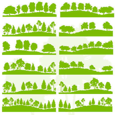 Forest trees and bushes wild nature silhouettes landscape illustration collection background vector set green ecology concept for posterのイラスト素材