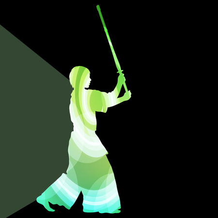 Kendo training sport man silhouette illustration vector background colorful concept made of transparent curved shapesのイラスト素材