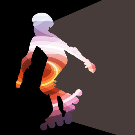 Man, teenage boy driving with inline skates, skating vector background colorful concept made of transparent curved shapesのイラスト素材