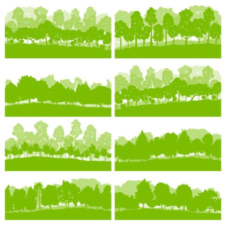 Forest trees and bushes wild nature silhouettes landscape illustration collection background vector set green ecology concept for posterのイラスト素材