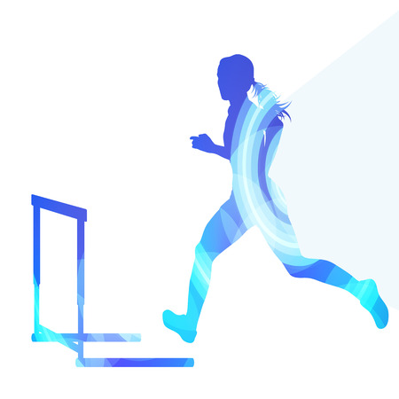 Female athlete clearing hurdle, race silhouette illustration, vector background, colorful concept made of transparent curved shapesのイラスト素材