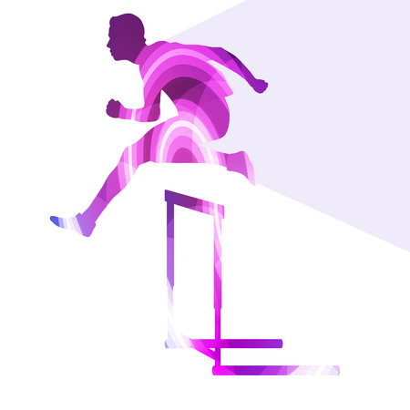 Athlete jumping hurdle, man silhouette, illustration, vector background, colorful concept made of transparent curved shapesのイラスト素材