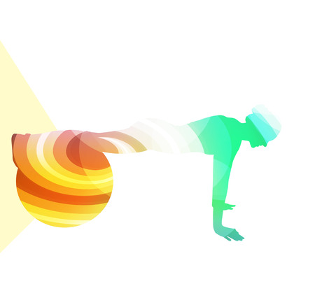Woman with fitness ball silhouette illustration vector background colorful concept made of transparent curved shapesのイラスト素材