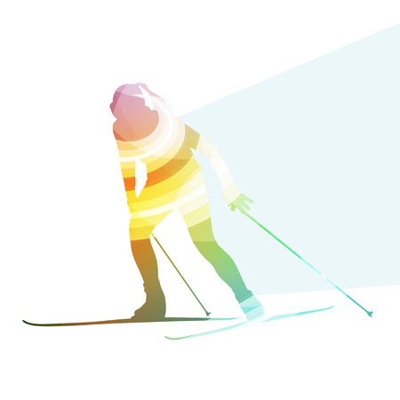 Woman on ski silhouette illustration vector background colorful concept made of transparent curved shapesのイラスト素材