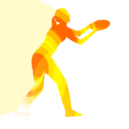 Woman playing throwing flying disc silhouette illustration vector background colorful concept made of transparent curved shapesのイラスト素材