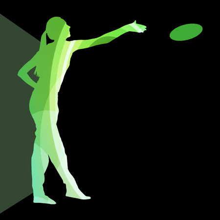 Woman playing throwing flying disc silhouette illustration vector background colorful concept made of transparent curved shapesのイラスト素材