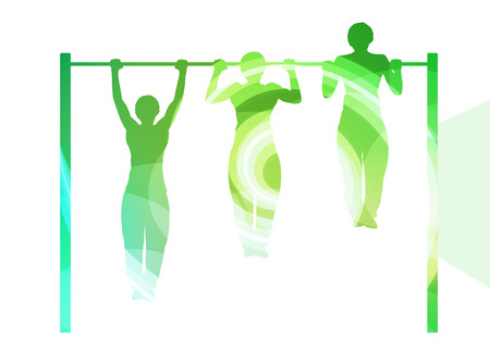 Man doing pull-up on bar silhouette illustration vector background colorful concept made of transparent curved shapesのイラスト素材
