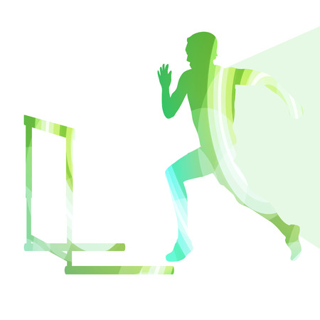 Athlete jumping hurdle, man silhouette, illustration, vector background, colorful concept made of transparent curved shapesのイラスト素材