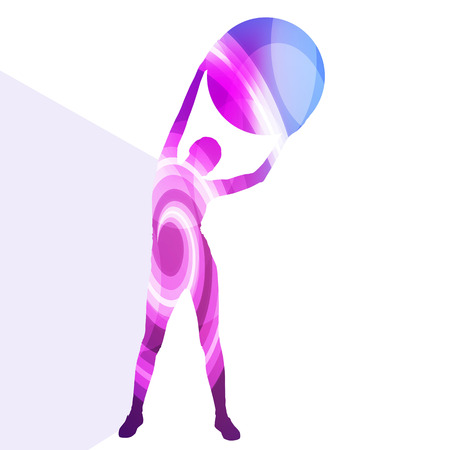 Woman with fitness ball silhouette illustration vector background colorful concept made of transparent curved shapesのイラスト素材