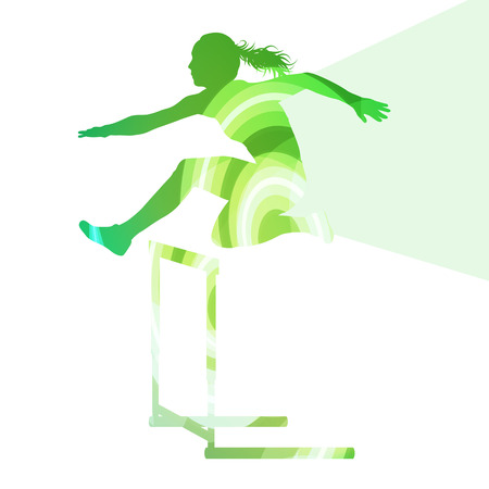 Female athlete clearing hurdle, race silhouette illustration, vector background, colorful concept made of transparent curved shapesのイラスト素材