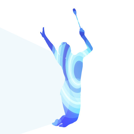 Modern rhythmic gymnastics young woman with clubs in acrobatics silhouette illustration vector background colorful concept made of transparent curved shapesのイラスト素材