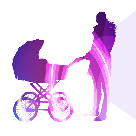Mother with baby strollers, carriage walking woman silhouette illustration vector background colorful concept made of transparent curved shapesのイラスト素材