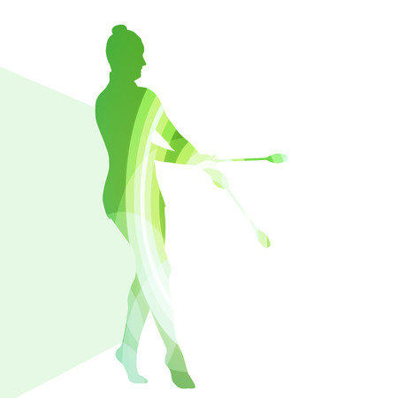 Modern rhythmic gymnastics young woman with clubs in acrobatics silhouette illustration vector background colorful concept made of transparent curved shapesのイラスト素材