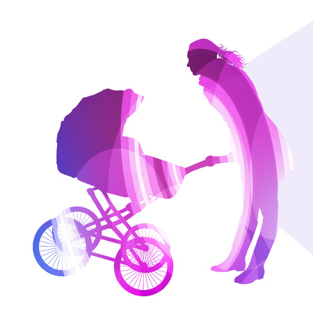 Mother with baby strollers, carriage walking woman silhouette illustration vector background colorful concept made of transparent curved shapesのイラスト素材
