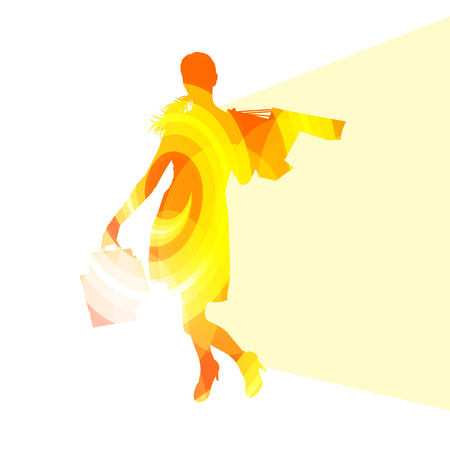 Woman with shopping bags silhouette illustration vector background colorful concept made of transparent curved shapesのイラスト素材