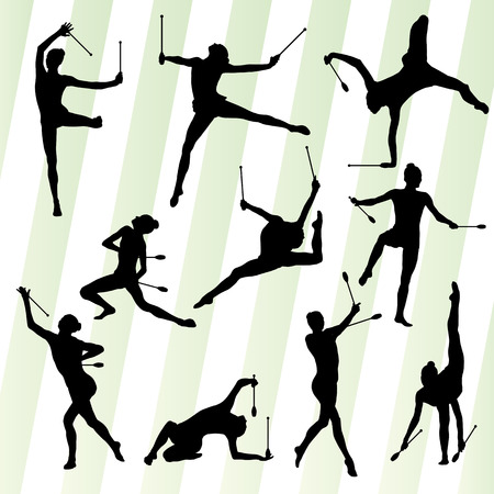 Female woman modern rhythmic gymnastics art with Indian clubs vector set background conceptのイラスト素材