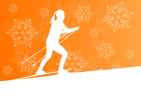 Woman skiing athlete skier skiing extreme winter background concept with snowflakes fallingのイラスト素材