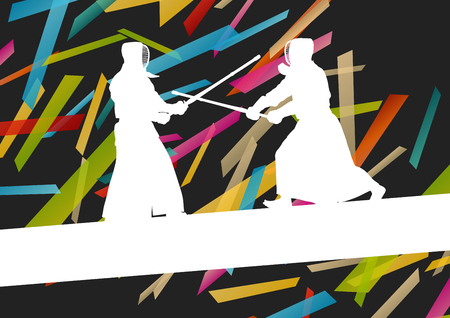 Active japanese Kendo sword martial arts fighters sport silhouettes abstract illustration background vectorのイラスト素材