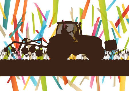 Agriculture machinery farm tractor vector illustration in farming landscape abstract background conceptのイラスト素材