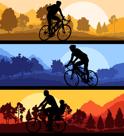 Bicyclist riding bicycle background silhouette vector illustration landscape set with sunsetsのイラスト素材