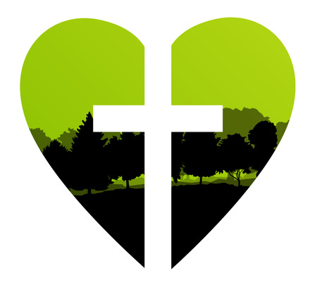 Cross heart tree landscape background vector abstract Christianity conceptのイラスト素材