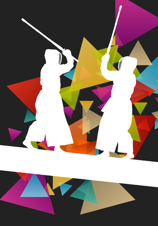 Active japanese Kendo sword martial arts fighters sport silhouettes abstract illustration background vectorのイラスト素材