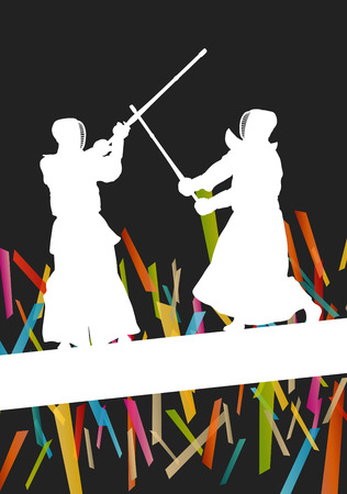 Active japanese Kendo sword martial arts fighters sport silhouettes abstract illustration background vectorのイラスト素材