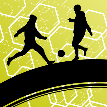 Soccer player men silhouettes with ball in active and healthy seasonal outdoor sport abstract background illustration vectorのイラスト素材