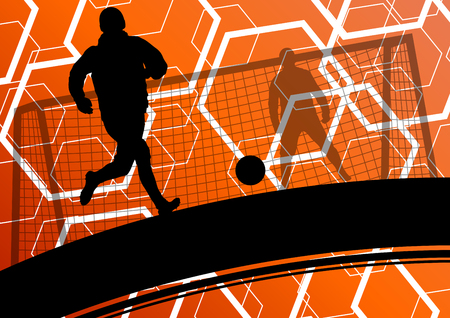 Soccer player men silhouettes with ball in active and healthy seasonal outdoor sport abstract background illustration vectorのイラスト素材