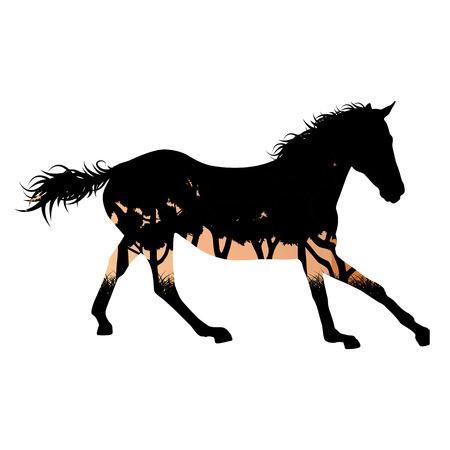 Wild horse silhouette made of abstract background forest landscape all isolated on whiteのイラスト素材