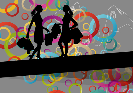 Women silhouettes with shopping bags in active abstract background seasonal illustration vectorのイラスト素材