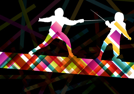 Fencing sport young and active men and women silhouettes in abstract background illustration vectorのイラスト素材