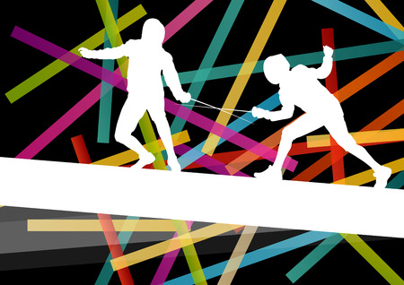 Fencing sport young and active men and women silhouettes in abstract background illustration vectorのイラスト素材