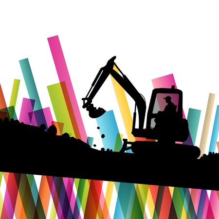 Excavator bulldozer industrial land digging machinery silhouette in abstract construction site business economy background vector concept illustrationのイラスト素材