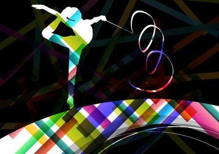 Dancing carnival woman with ribbon silhouette in abstract circus color background vector illustrationのイラスト素材