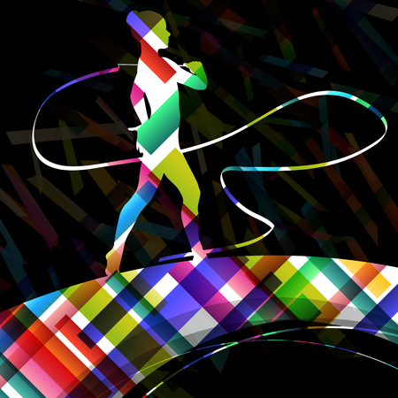 Dancing carnival woman with ribbon silhouette in abstract circus color background vector illustrationのイラスト素材