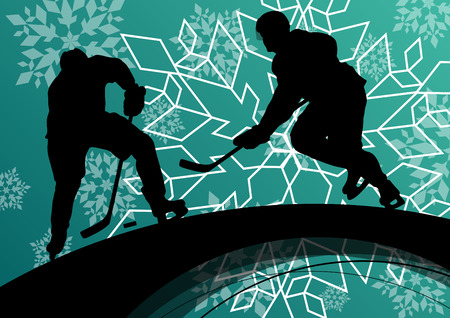 Active young man hockey player sport silhouette in seasonal ice and snowflake abstract background illustration vectorのイラスト素材