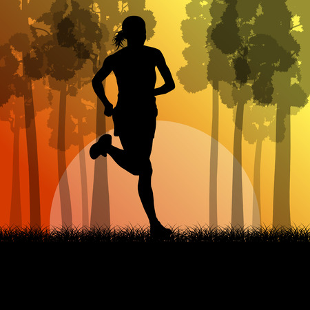 Fitness young woman runner running in forest landscape vector illustration backgroundのイラスト素材