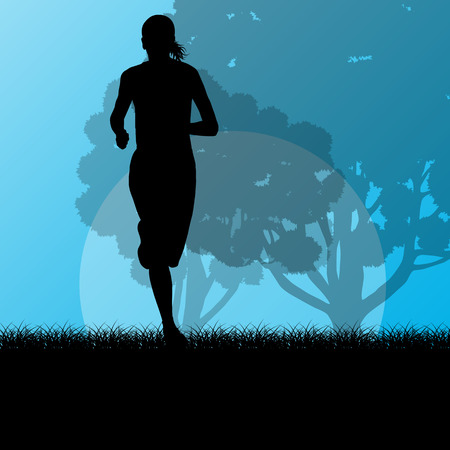Fitness young woman runner running in forest landscape vector illustration backgroundのイラスト素材