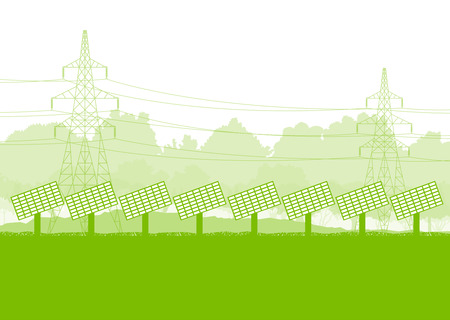 Solar panel and high voltage towers vector background ecology green conceptのイラスト素材