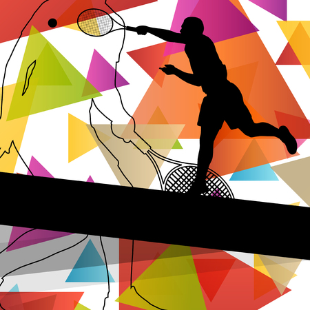 Tennis player men silhouettes in abstract sport color background vector illustrationのイラスト素材