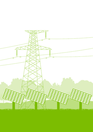 Solar panel and high voltage towers vector background ecology green conceptのイラスト素材
