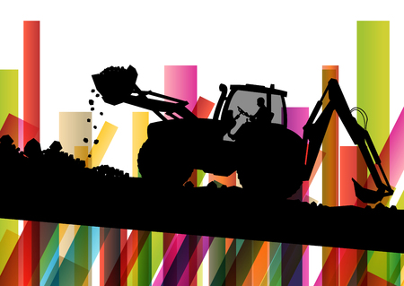 Excavator bulldozer industrial land digging machinery silhouette in abstract construction site business economy background vector concept illustrationのイラスト素材